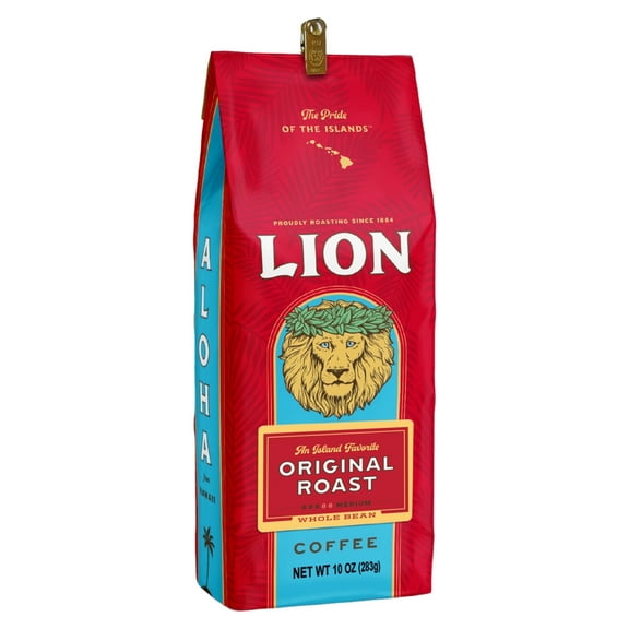 Lion Coffee Medium Roast Whole Bean Coffee, Hawaiian Coffee Beans, Classic Original, 10 oz