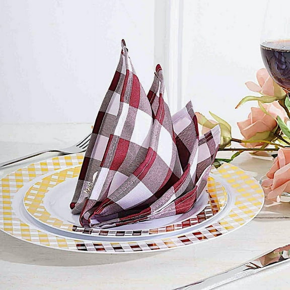BalsaCircle 20 Pieces 15" x 15" Burgundy White Gingham Checkered Polyester Napkins