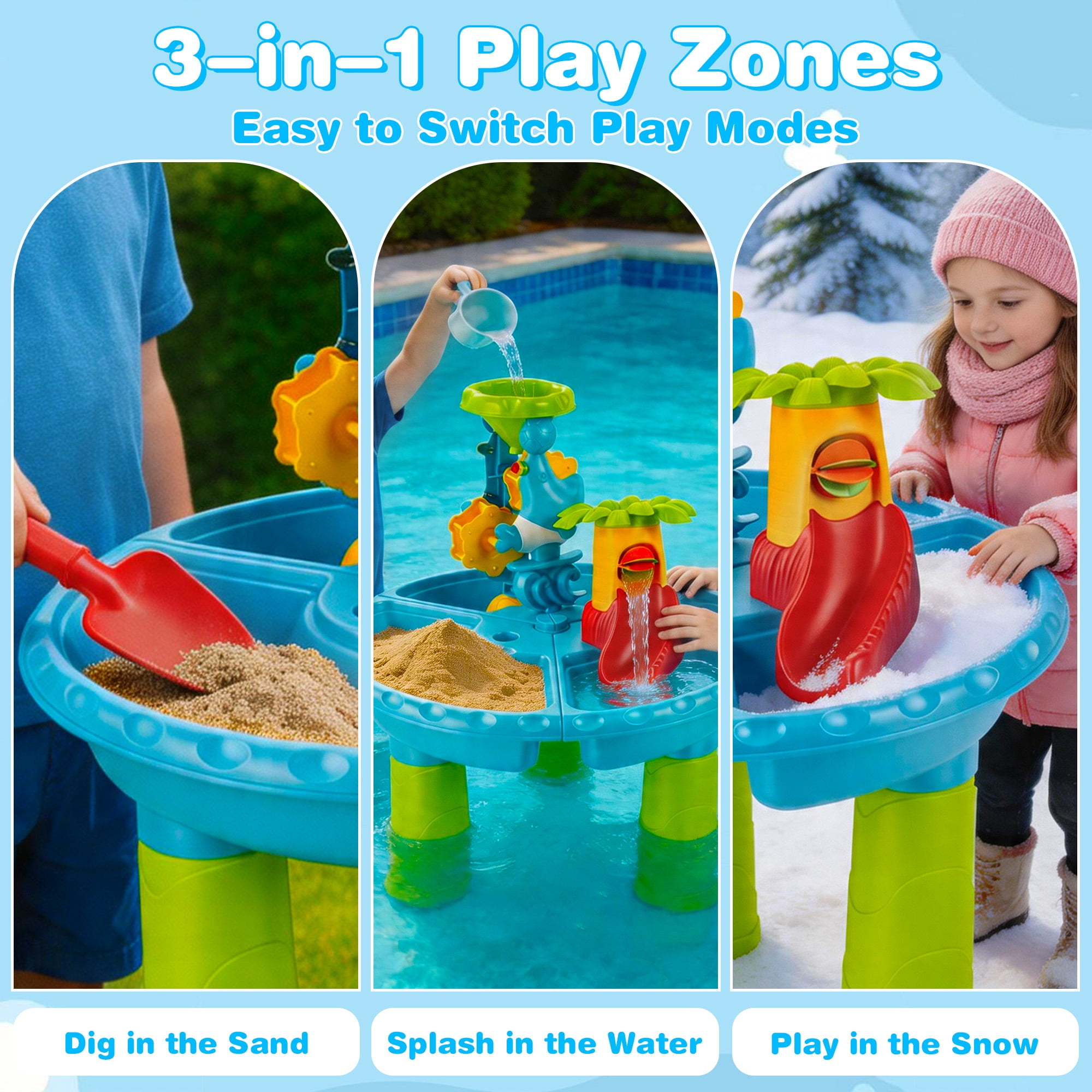 FVLOENG Sand and Water Table for Toddlers 1-3 with Stool, Kids Sensory Activity Table for Water, Sand & Snow Play, Outdoor Backyard Beach Toy, Blue