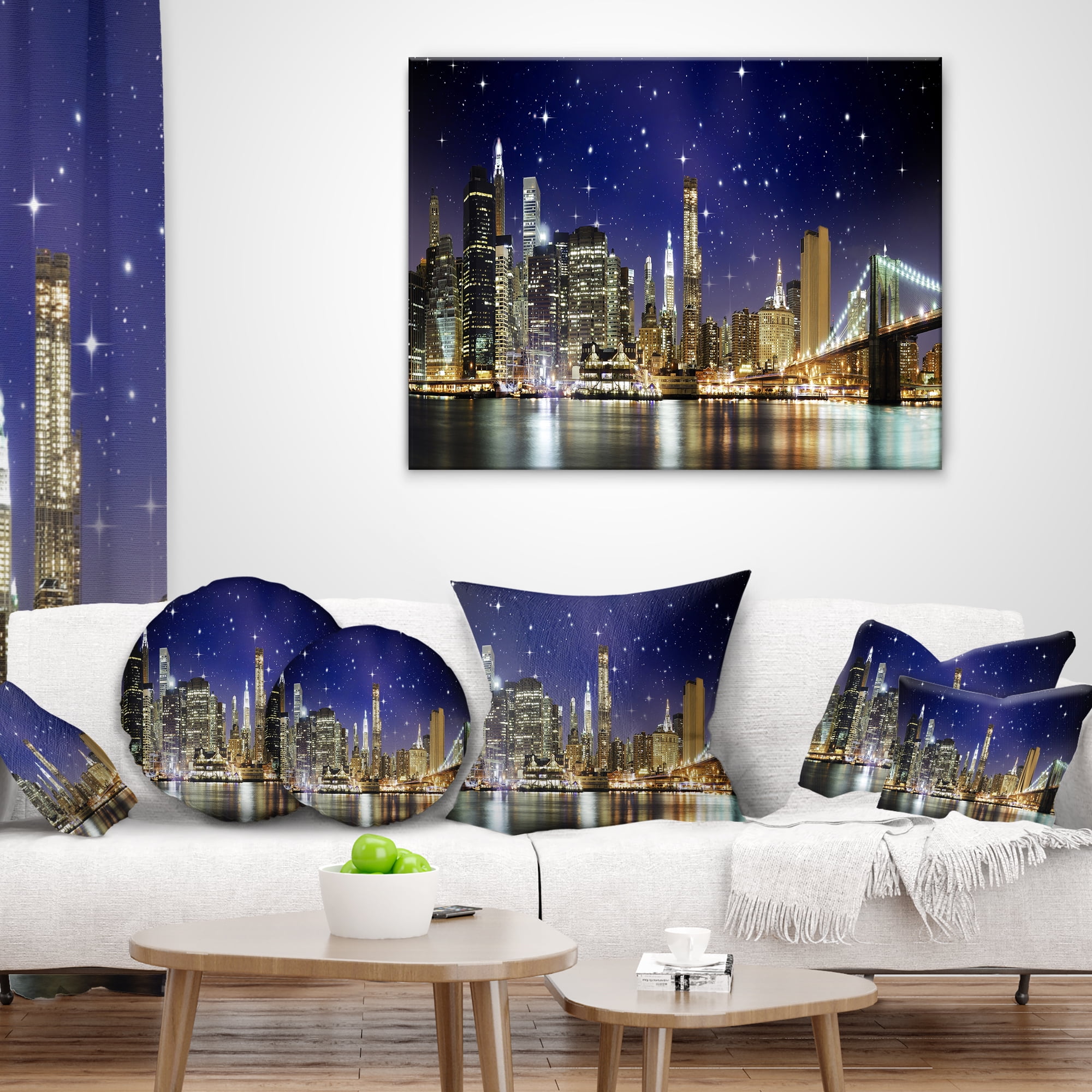 Designart Night Colors over Brooklyn Bridge - Cityscape Photo Throw Pillow - 16x16