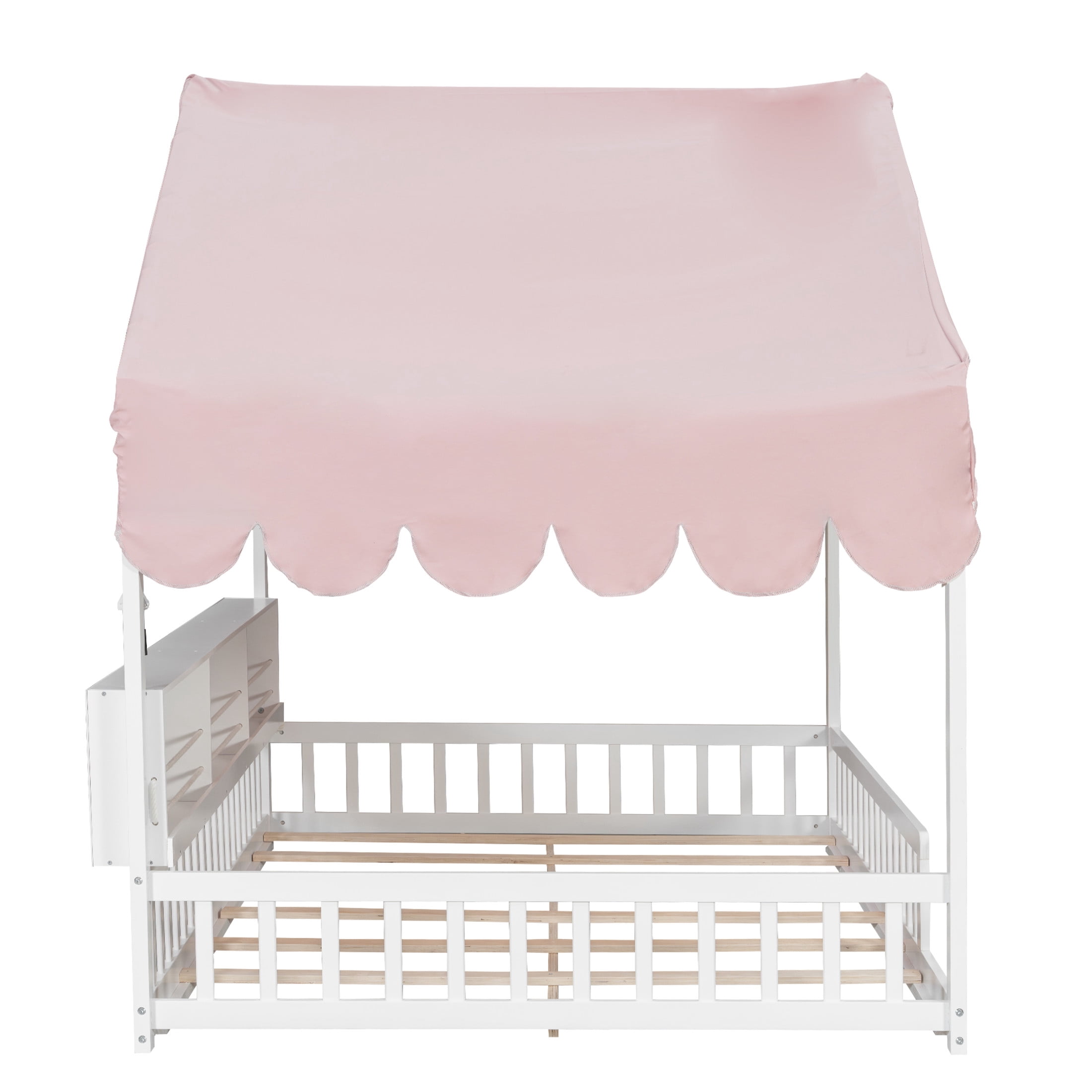 Noble House Larissa Full Size House Bed with Fence and LED Lights, Wooden Floor Bed, Heavy Duty, White and Pink