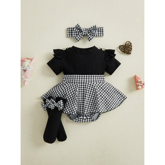 Loicainy Baby Infant Girl Bodysuit Dress Outfit 3 6 9 12 Months Houndstooth Short Sleeve Ribbed Skirt Romper Bow Headband and Socks 3 Piece Set