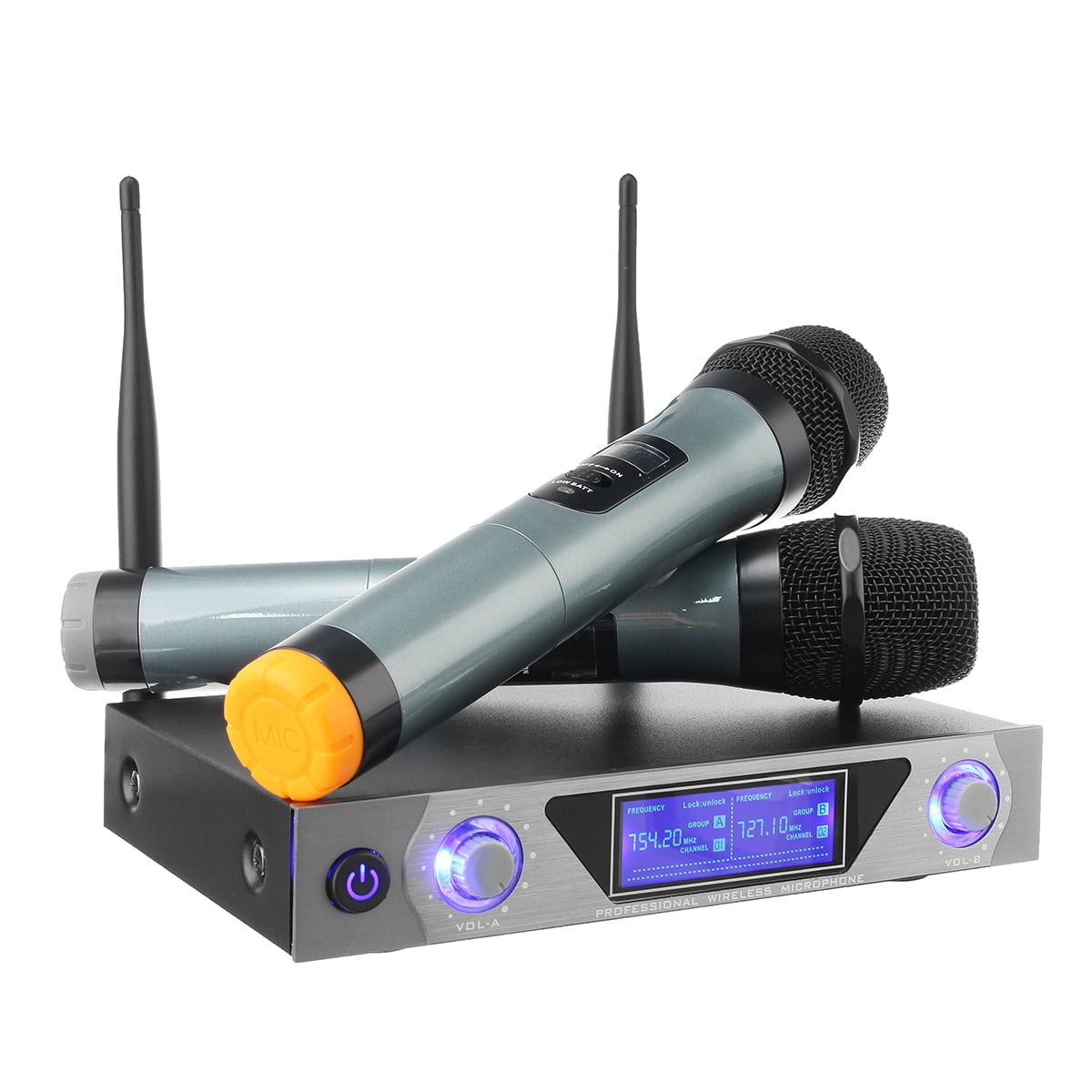 2 Channel VHF Handheld Wireless Microphone System LCD Display 1/4"Audio Cable Show Party Singer
