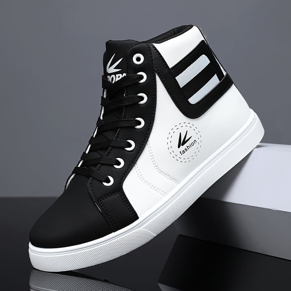 Men'S High-Top Skateboarding Shoes, Fashion Street Style, Solid Color, Lace-Up Closure, PU Upper, Fabric Lining, PVC Sole, Cloth Insole, Round Toe, for Spring/Fall, All-Season Casual Daily Wear