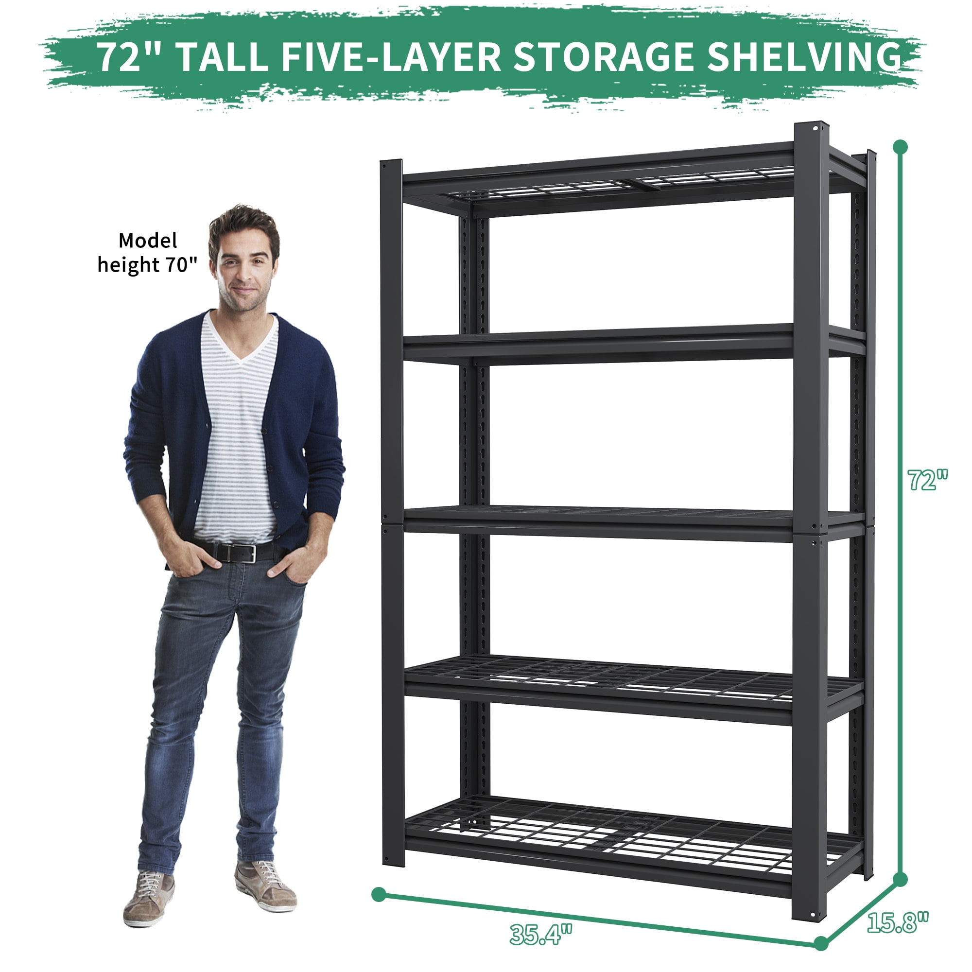 Alvantor 5-Tier Adjustable Metal Mesh Storage Rack 2000 Lbs Shelving Organizer for Pantry, Garage 35.5"W x 16"D x 72"H Black