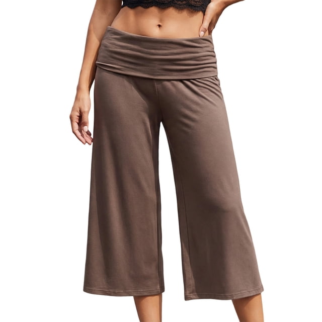 Argulvti Women's Capri Pants Fold Over Waistband Low Rise Solid Color Wide Leg Cropped Lounge Trousers