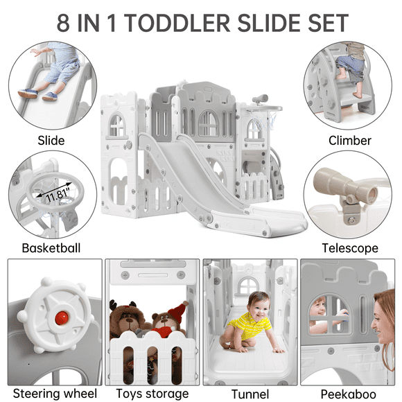 Kojooin 8-in-1 Toddler Climbing Frame and Slide, Kids Indoor Outdoor Playset with Tunnel and Basketball Hoop