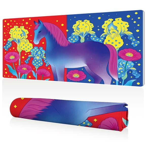 LIVEKEY Large Mouse Pad 80x40x0.3cm Colorful Fantasy Horse with Flowers and Stars Design Extra Wide Full Desk Coverage Non Slip Durable Easy Clean Stitched Edges for Gaming and Office