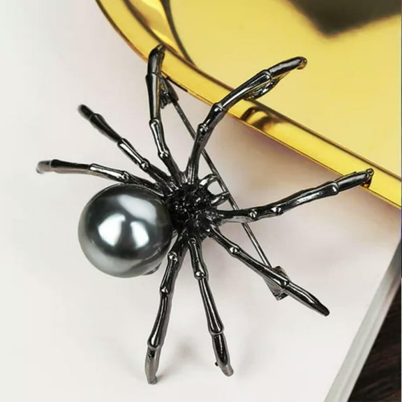 K-KED Hot Spider Halloween Insect Animal Pearl Collar Brooch Pin Women Delicate Jewelry Gift-Black Gray Pearl