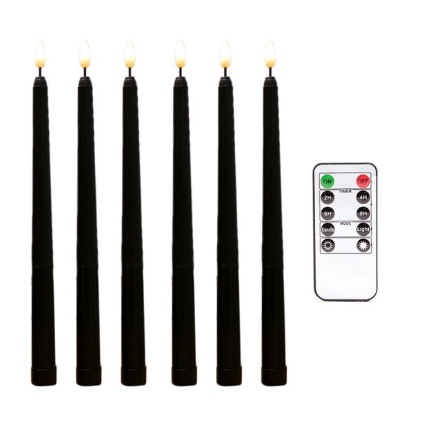 6Pcs Flameless Black Taper Candles Flickering with 10Key Remote Timer
