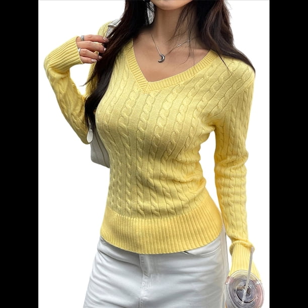 Suéter de Punto de Larga para Mujer, Jersey Ajustado con Cuello en V, Moda de Otoño, Atuendos Informales de Negocios para Otoño. Amarillo M
