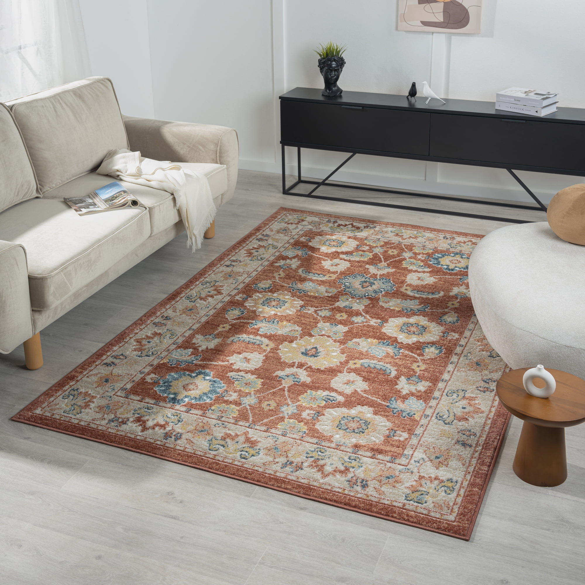 LR Home Avette Lyn Traditional Bordered Indoor Performance Accent Rug, Red/Blue, 3'11"x6'