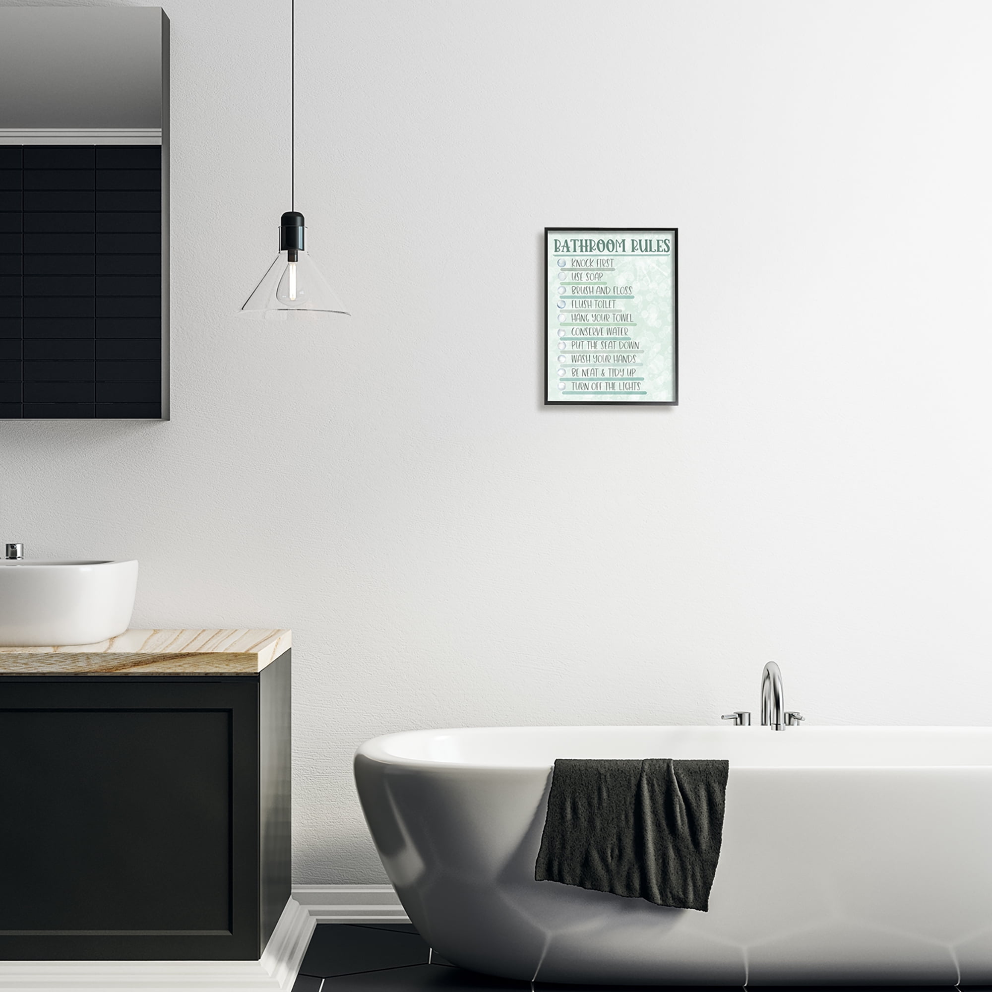 Stupell Industries Bathroom Rules on Green Typography Painting Black Framed Art Print Wall Art, 11 x 14