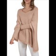 thumbnail image 3 of Suéter Tipo Poncho de Punto Extragrande, Informal, con Cuello en V, Mangas Murciélago y Dobladillo con Flecos para Mujer. Caqui L/XL, 3 of 8