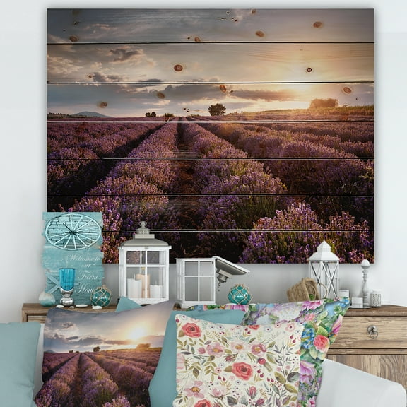Designart 'Dramatic Clouds and Sunrise Over Lavender Field V' Farmhouse Print on Natural Pine Wood