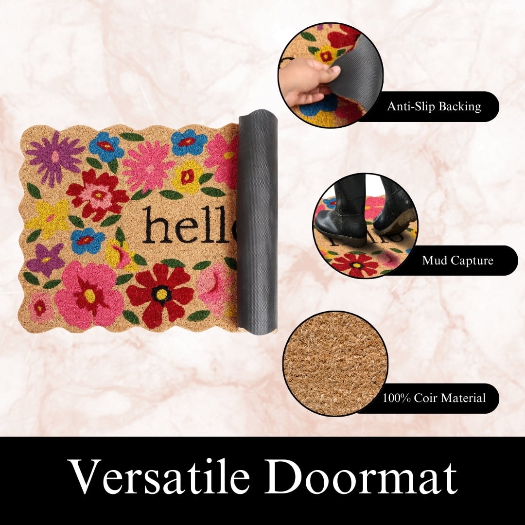 A1HC Natural Coco Coir Doormat, Spring Floral Scalloped Hello, 18"x30", Durable Outdoor Welcome Mat, Non-Slip, Easy to Clean, Pet Friendly