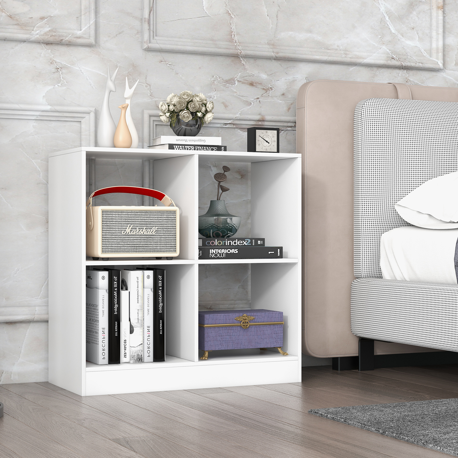 Topbuy 4-Cube Bookcase Floor Open Wooden Bookshelf with 2 Anti-Tipping Kits Modern Shelving Organizer Multipurpose Storage Cabinet White