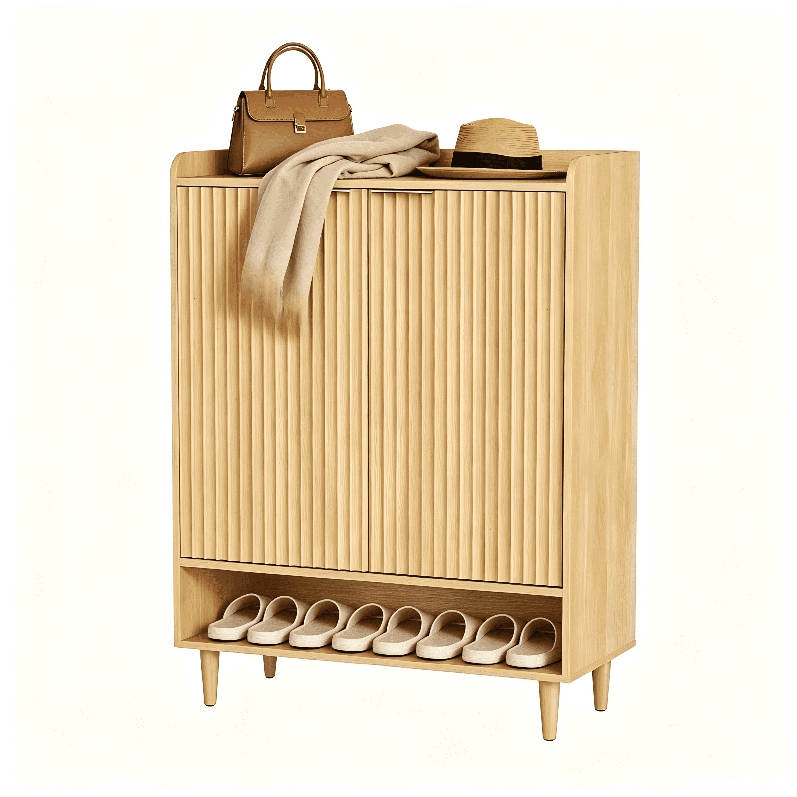 2 Cabinet Doors with Top Enclosure and 1 Row of Shelves for Shoe Cabinets Melamine Board + MDF Conical Leg Grille Shoe Cabinet 31.61*14.17*41.97in Oak
