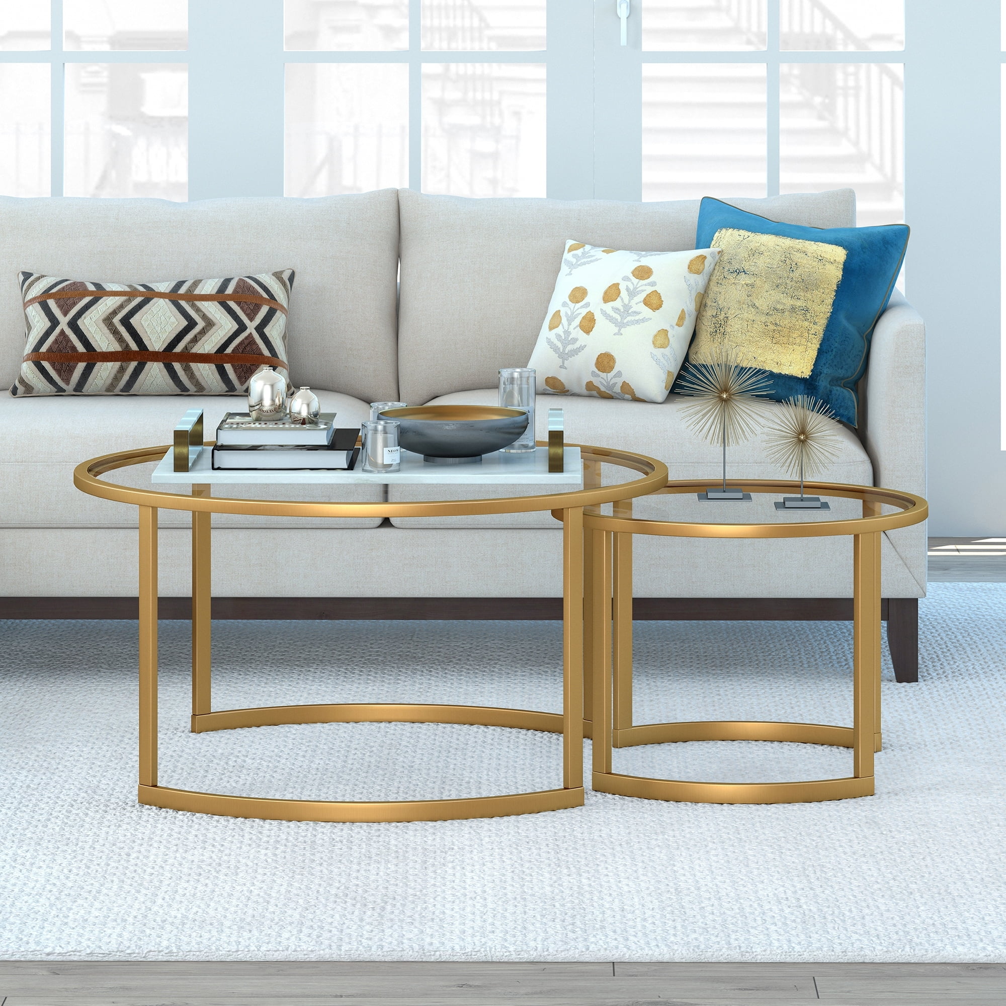 Evelyn&Zoe Metal Two Tier Glass Top Brass Coffee Table