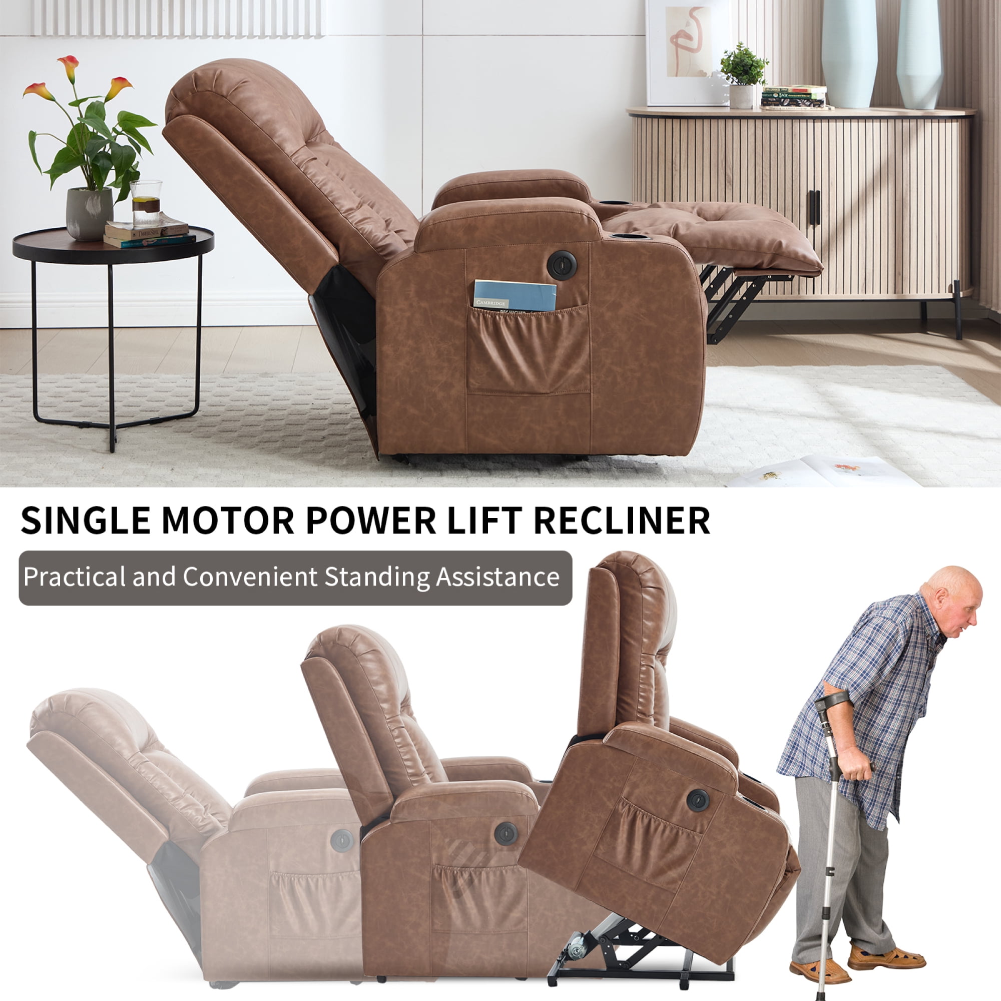 Leumius Large Power Lift Recliner Chair for Elderly,Single Sofa Chair with Massage and Heat,Electric Lift Recliners with Side Pocket and Cup Holders for Living Room,Brown