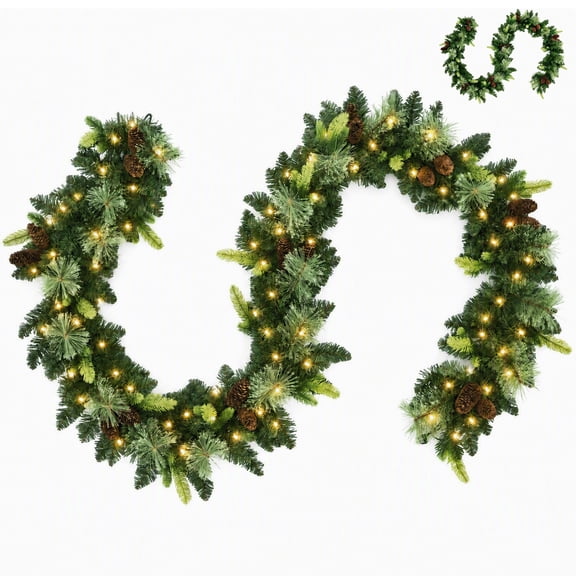 CONCETTA 9 ft Pre-Lit Christmas Garland, Green Pine Garland with 100 LED Lights and Pinecones
