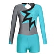thumbnail image 3 of TiaoBug Kids Girls Figure Skating Performance Outfits Shiny Color Block Athletic Gymnastics Leotard Unitard And Shorts Set Teal Blue 12, 3 of 7