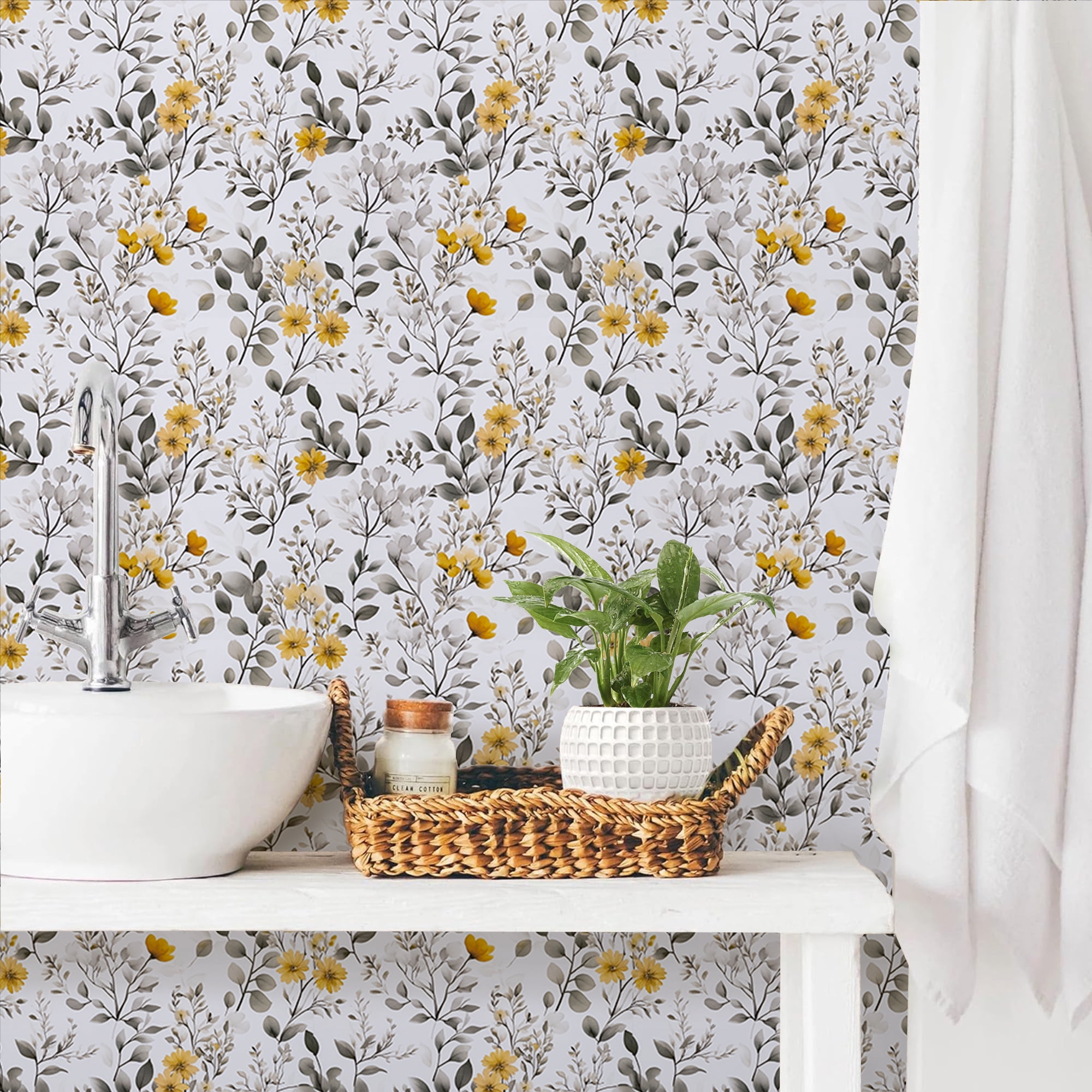 Abyssaly Floral Peel and Stick Wallpaper 17.3 "x 118.1" Yellow Flower and Ink-Wash Leaves Wallpaper Vintage Vinyl Contact Paper Suitable for Home Walls Cabinet Bedroom