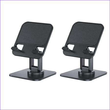 2-piece black iPad stand for desk, ultra-thin and foldable, 360 ° rotation, with heavy-duty base for stable support.