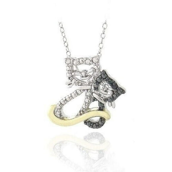 Two Tone Black Diamond Accent 2 Cat Necklace, 18"Chain 925 Sterling Silver