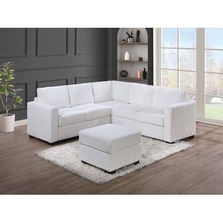 Beautiful 4-Piece Sectional Set W/ Ottoman Milk Color One Arm Loveseat Corner Wedge Corduroy Upholstered Plush Couch