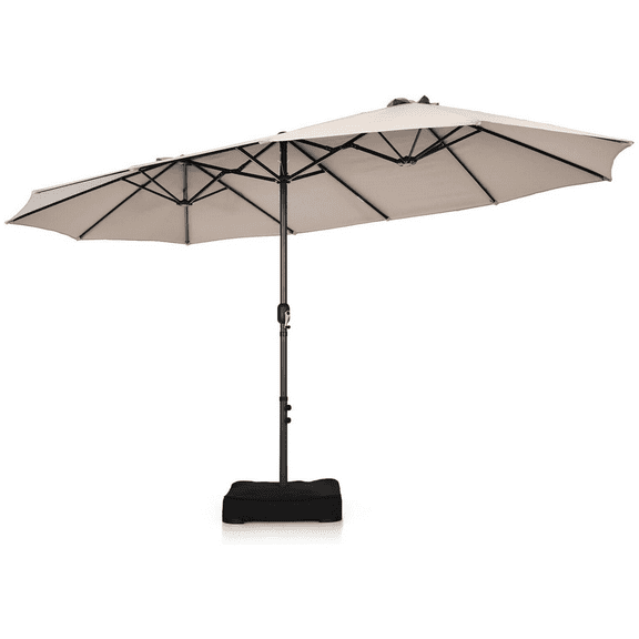 VOOYA HOME 15ft Large Patio Umbrellas Base Included, Outdoor Double-Sided Umbrella with Crank Handle, UV Protective for Pool, Lawn Garden, Backyard Beige