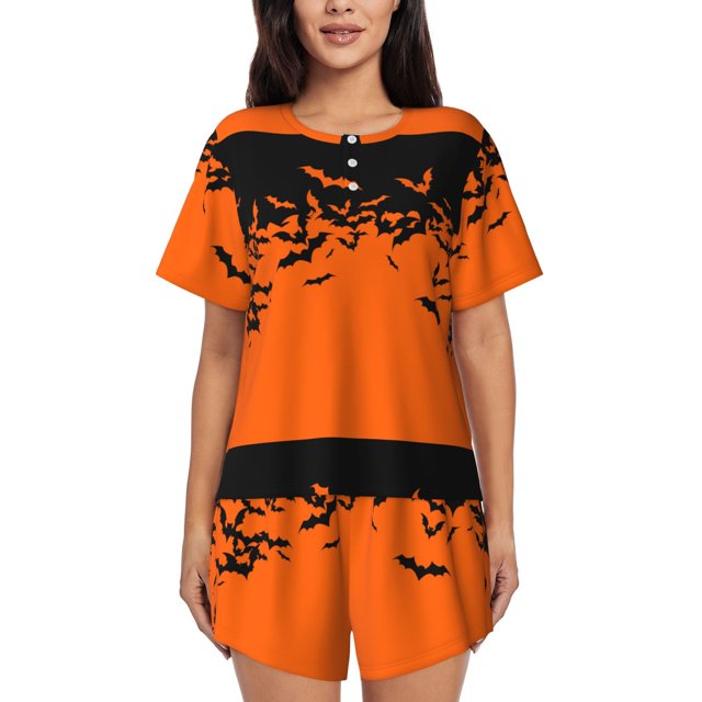 Fotbe Halloween With Black Bats Conjunto de Pijama Estampado para Mujer, 2 Piezas, Ropa de Dormir con Camiseta de Manga Corta y Shorts Suaves-XX-Large