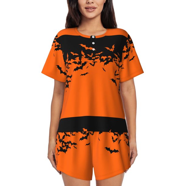 Balery Halloween With Black Bats Conjunto de Pijama para Mujer con Estampado, Dos Piezas de Manga Corta y Shorts, Ropa de Dormir Suave con Cuello Redondo y Bolsillos-4X-Large