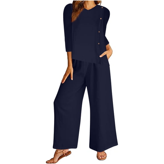 LEKWK Linen Sets for Women 2 Piece Plus Size 3/4 Sleeve V Neck Button Tops and Wide Leg Pants with Pockets Summer Vacation Resort Casual Outfits
