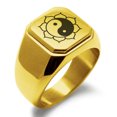 thumbnail image 1 of Stainless Steel Sacred Lotus Yin Yang Engraved Square Flat Top Biker Style Polished Signet Ring, 1 of 1