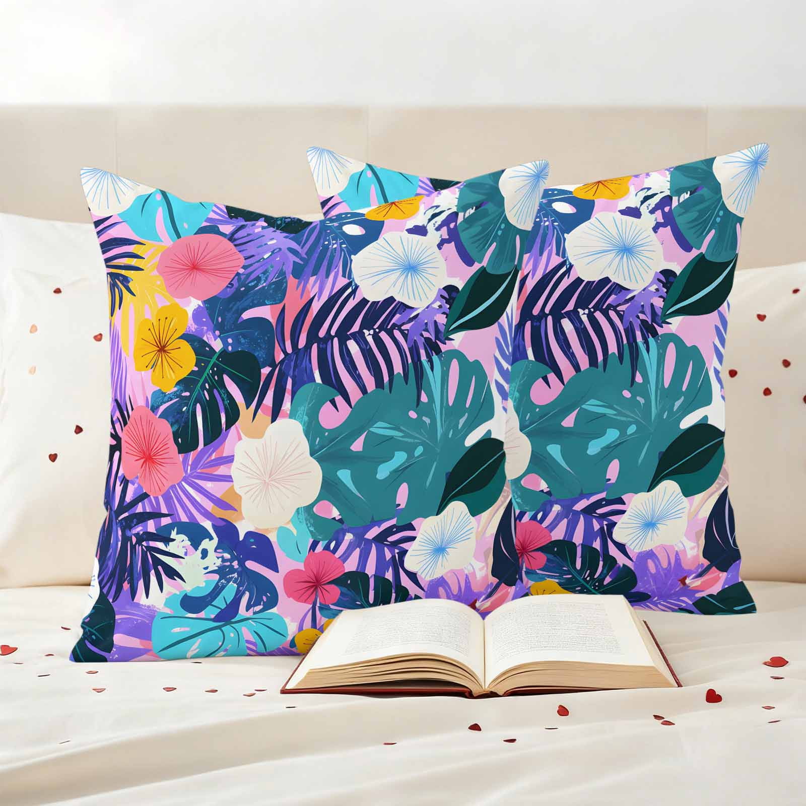 Tropical Leaf Outdoor Waterproof Pillow Covers, Purple Palm Plant Summer Flower Pastoral Decorative Square Throw Pillowcase Sofa Cushion Sham for Patio/Couch/Chair, 18"x18" 2 Pack