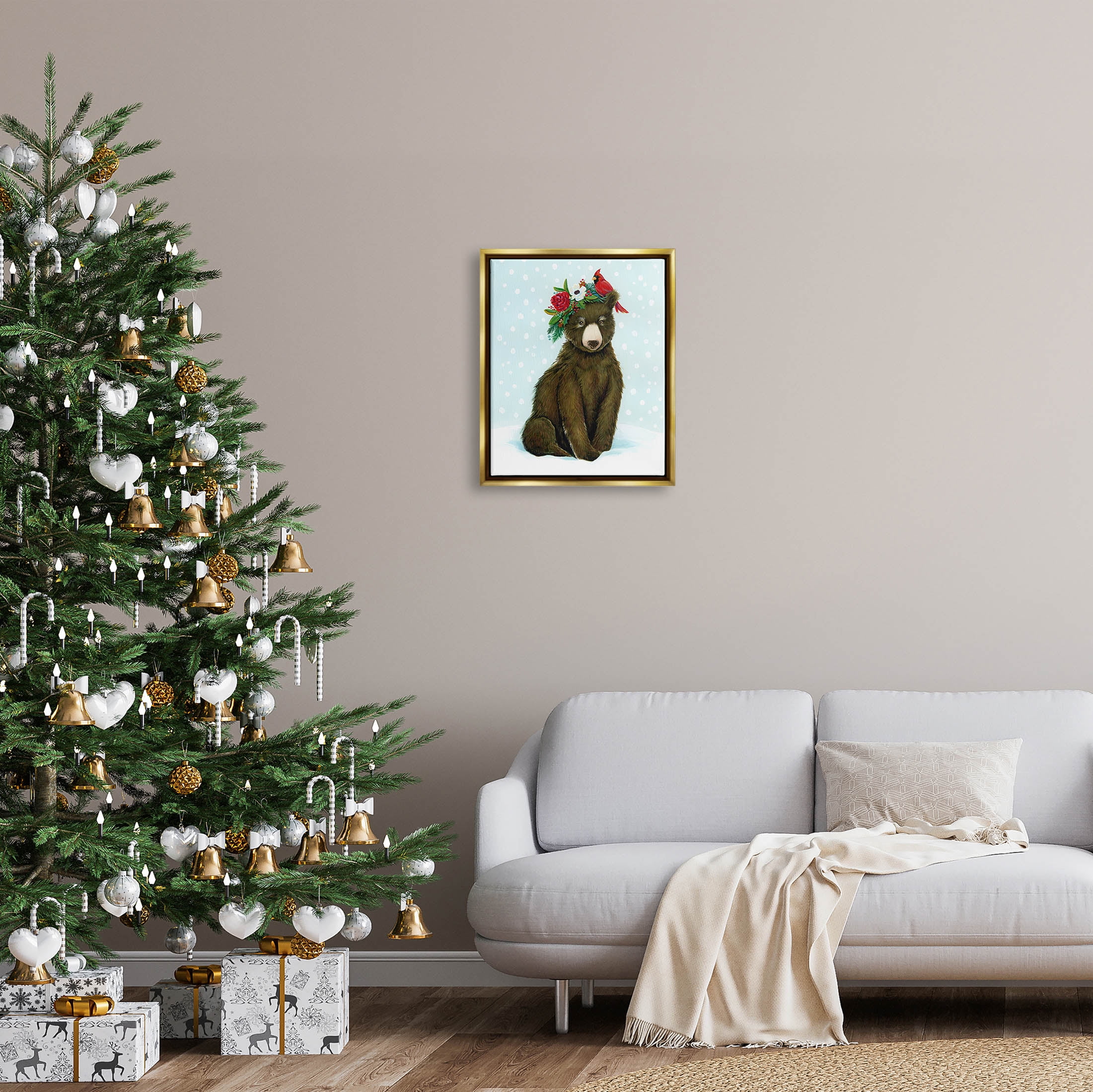 Stupell Industries Bear Seasonal Holly Snow Scene Graphic Art Metallic Gold Floating Framed Canvas Print Wall Art, Design by Laura Marr