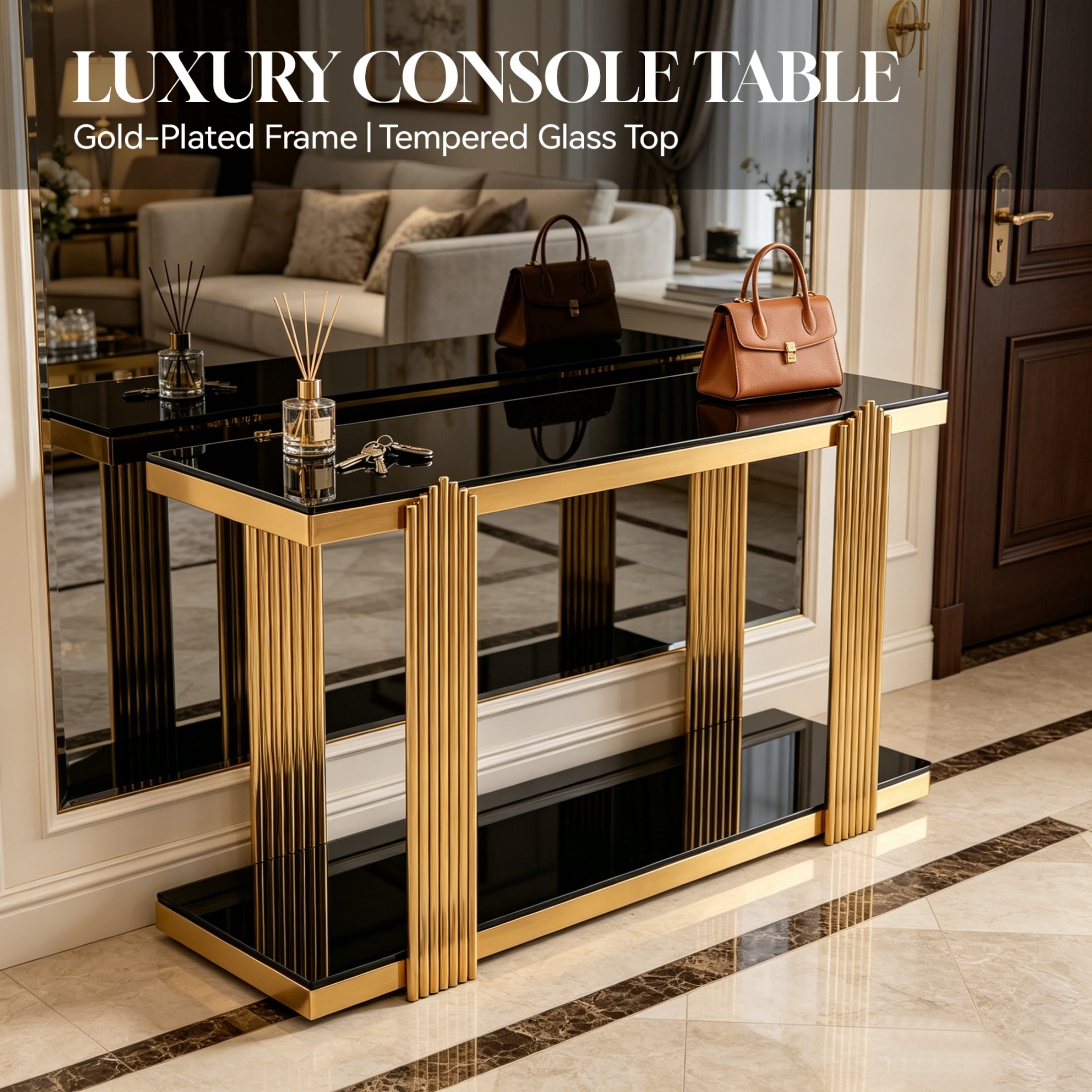 2-Tier Storage Tempered Glass Shelf Console Table, Two-Tone Entryway Display Table, Accent Mirrored Sofa Table for Living Room/Hotel