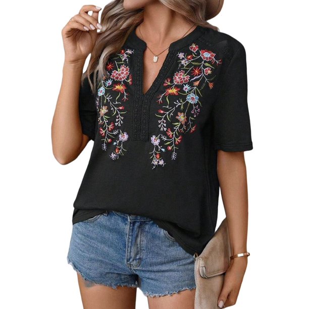 Camisas Mexicanas para Mujer, Blusa Tradicional de Verano Bordada, Túnica Floral, Cuello en V, Camiseta de Corta. Negro S