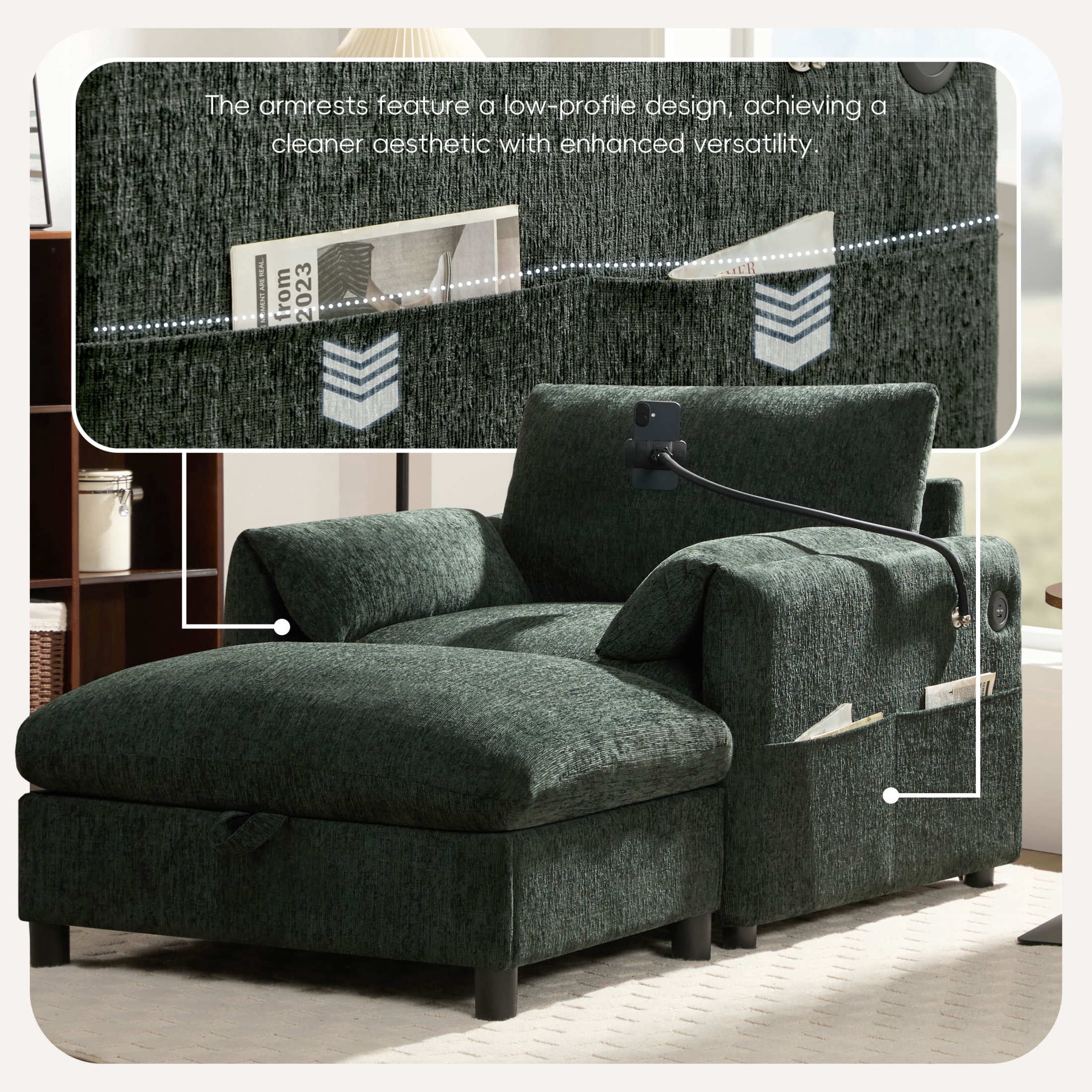 Noble House Odette 37" Chenille Upholstered Armchair with Storage Ottoman and Charging Port, Cloud Chaise Lounge, Green