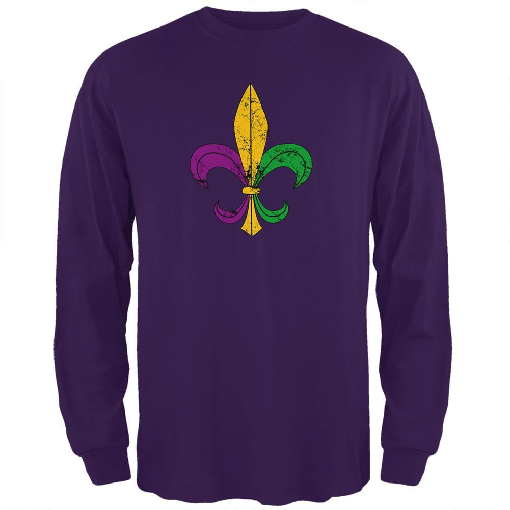 Mardi Gras Fleur De Lis Distressed Mens Long Sleeve T Shirt Purple X-LG