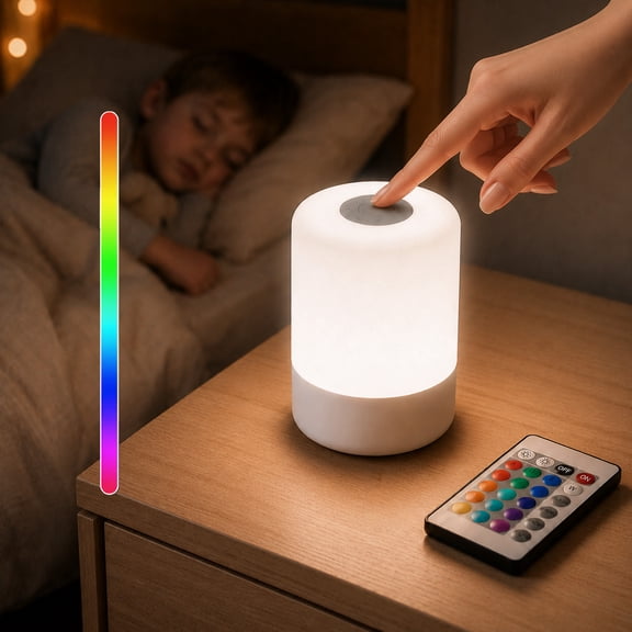 GUPUP Night Light, Dimmable Touch Lamp for Bedroom, Portable Bedside Table Lamps, 9 Brightness & 16 RGB Colors with Remote Control for Nightstand, Kids Room Decor