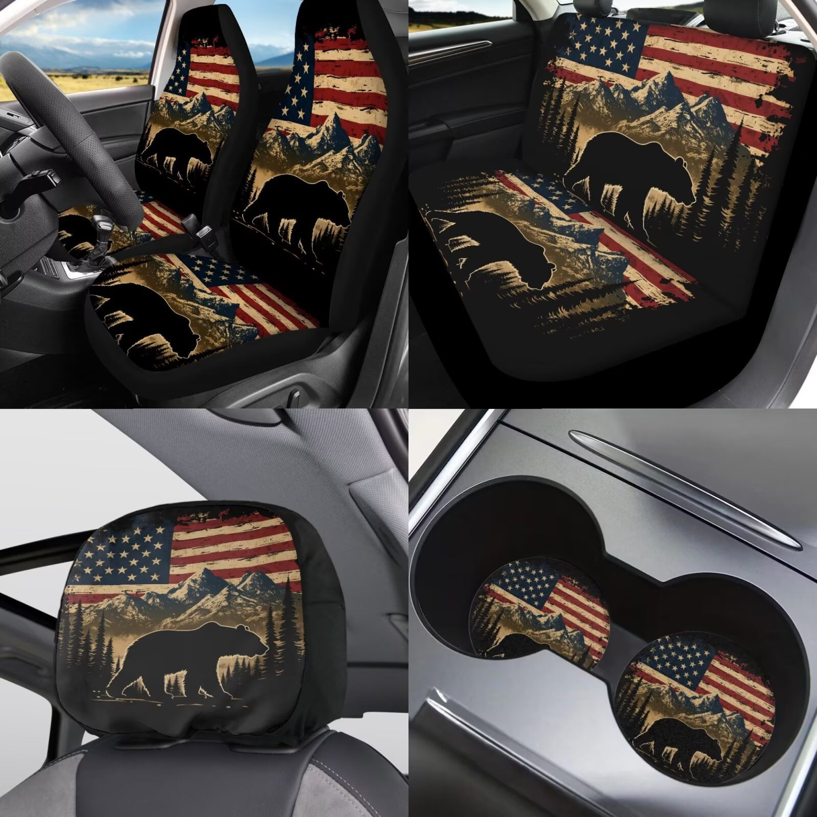 Garronmavis Bear American Flag Car Seat Covers Full Set Universal Vehicle Cushion Protectors with Cars Headrest Protectors+Wristlet Keychain+Auto Cup Coaster+Handbrake Gear+Shift Knob Cover