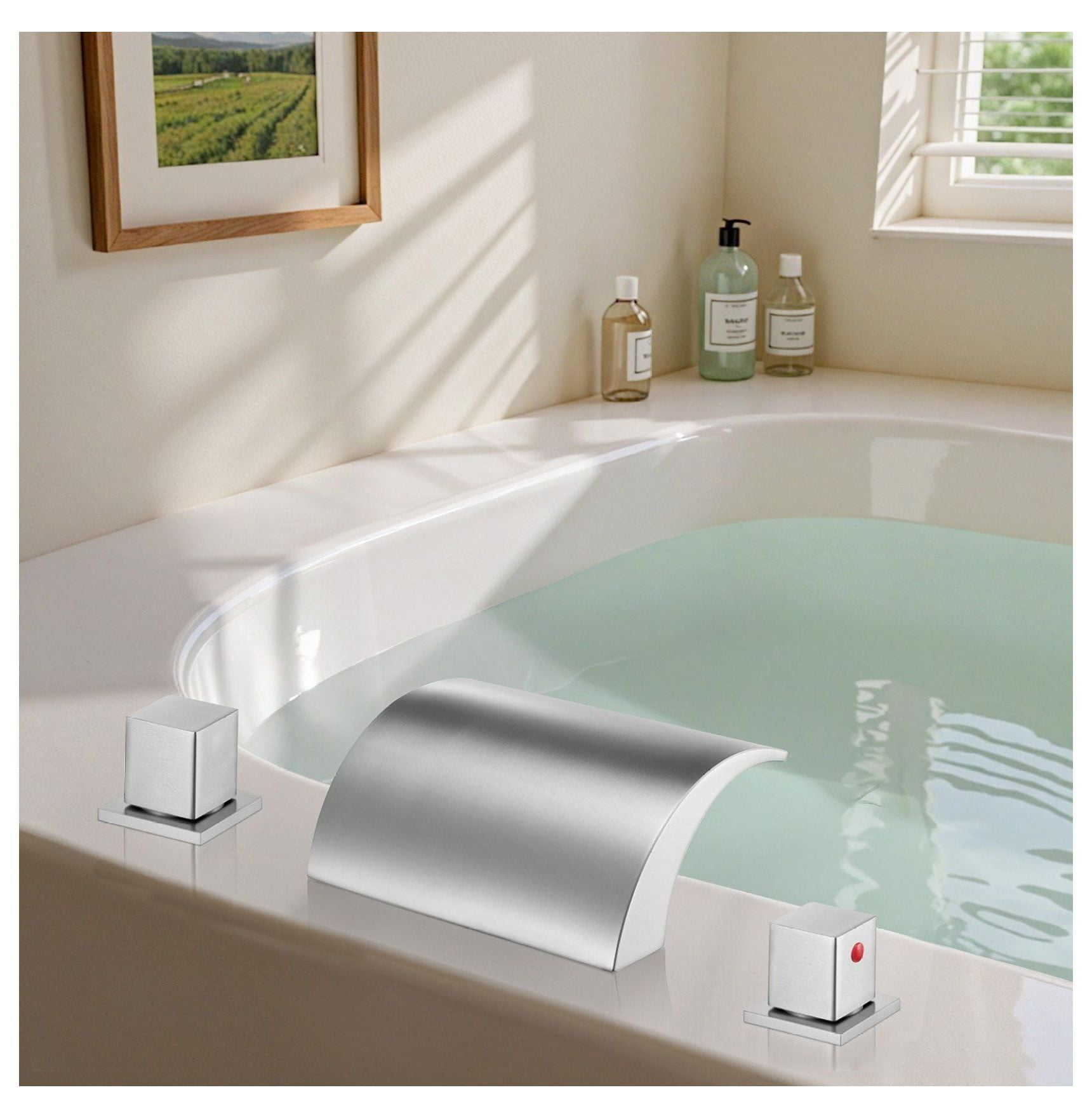 Roman Tub Faucet 3 Hole Waterfall, Bathtub Faucets Set with Handles, Deck Mount Tub Spout, Silver Finish, High Flow Rate, Temperature Control for Adult Bath