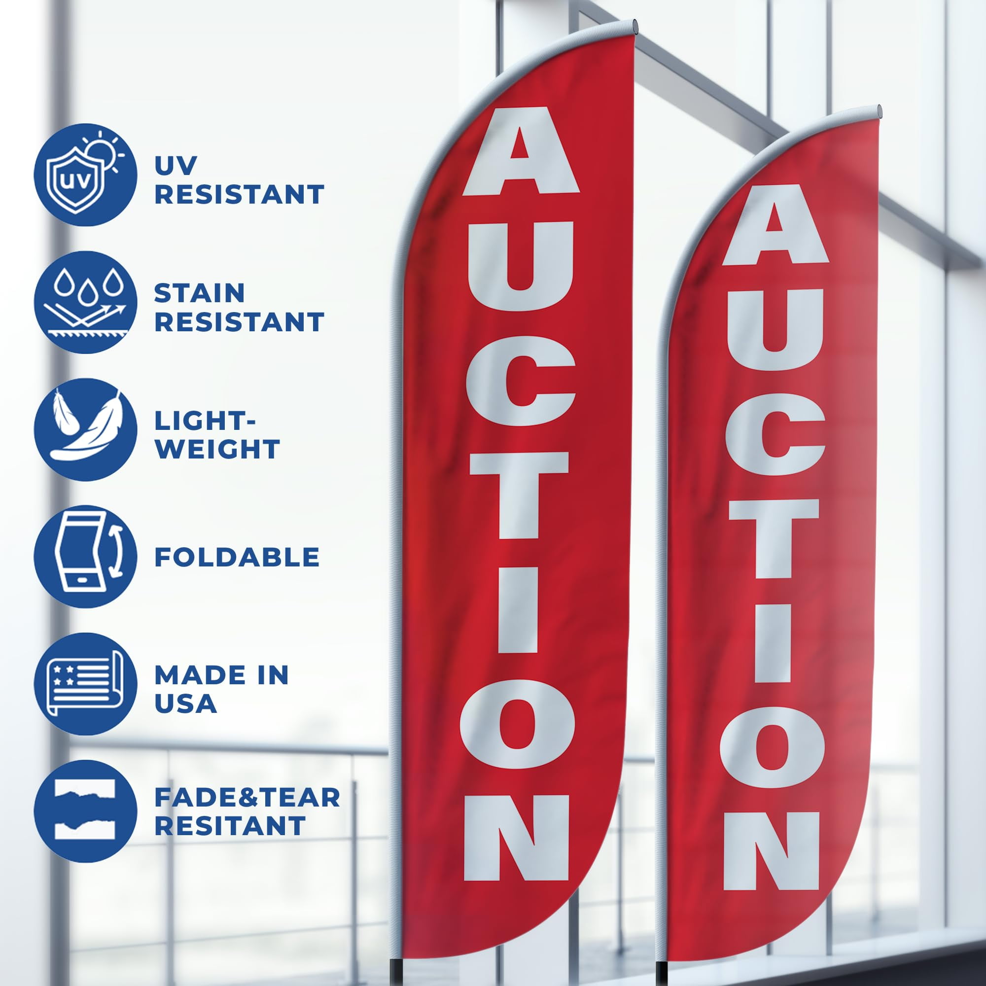 Auction Red Feather Flag(11.5feetX2.5feet) by DreamController | Outdoor Business Advertising Tall Flag | Weather-Resistant Knitted Swooper Flag | Made in USA | HD Print(Flag Only)