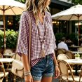 thumbnail image 6 of Women's Plus Size Gingham Blouses V Neck 3/4 Sleeve Loose Tunic Shirts Work office Casual Summer Tops Lightweight Everyday Plaid Shirts Hot Pink, 6 of 7