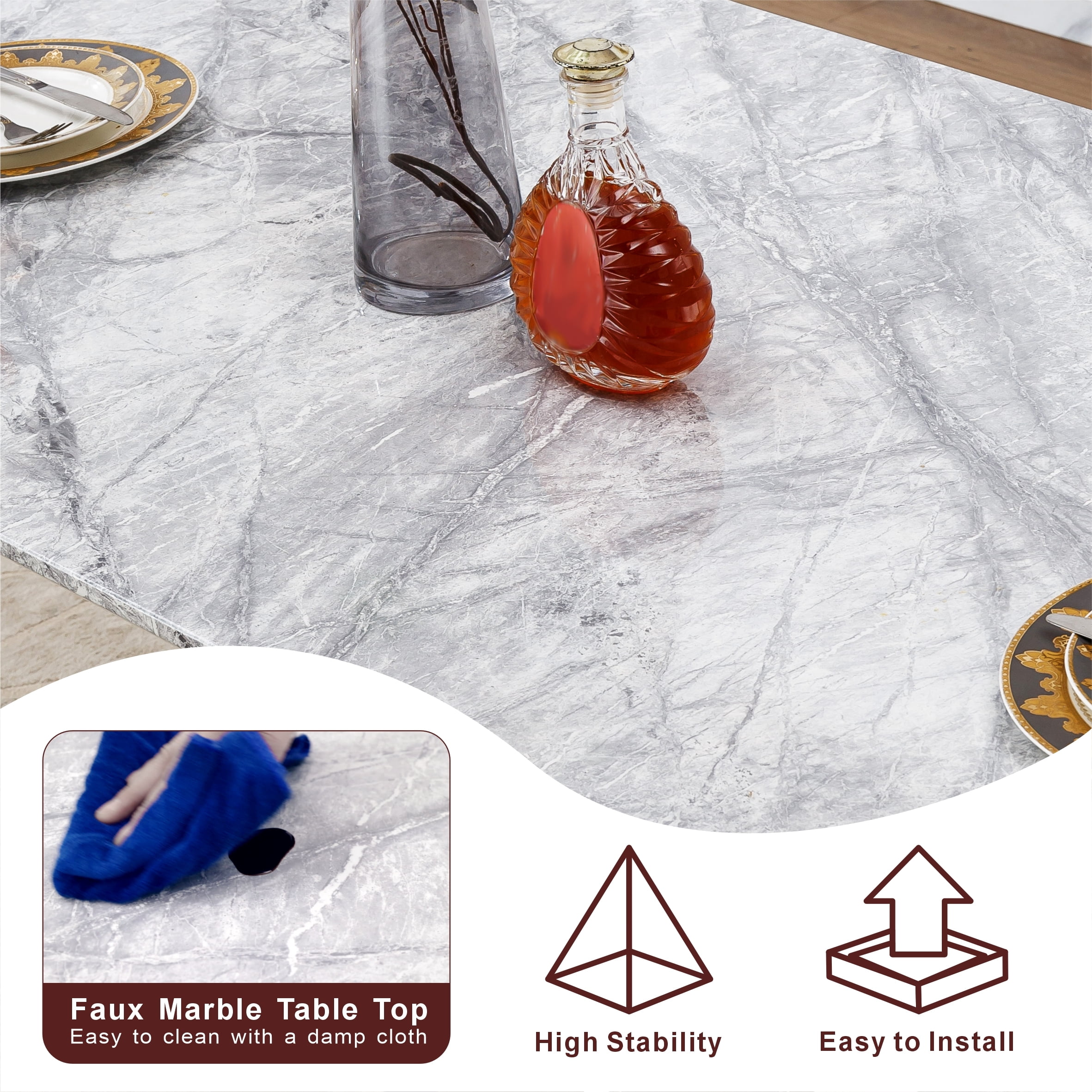 Shikeyi 70" Marble Dining Table for 6-8, Modern Luxury Silver Rectangular Large Kitchen Table, Marble Grain MDF Tabletop & Stainless Steel Base for Kitchen Dining Room, Grey (Table Only)