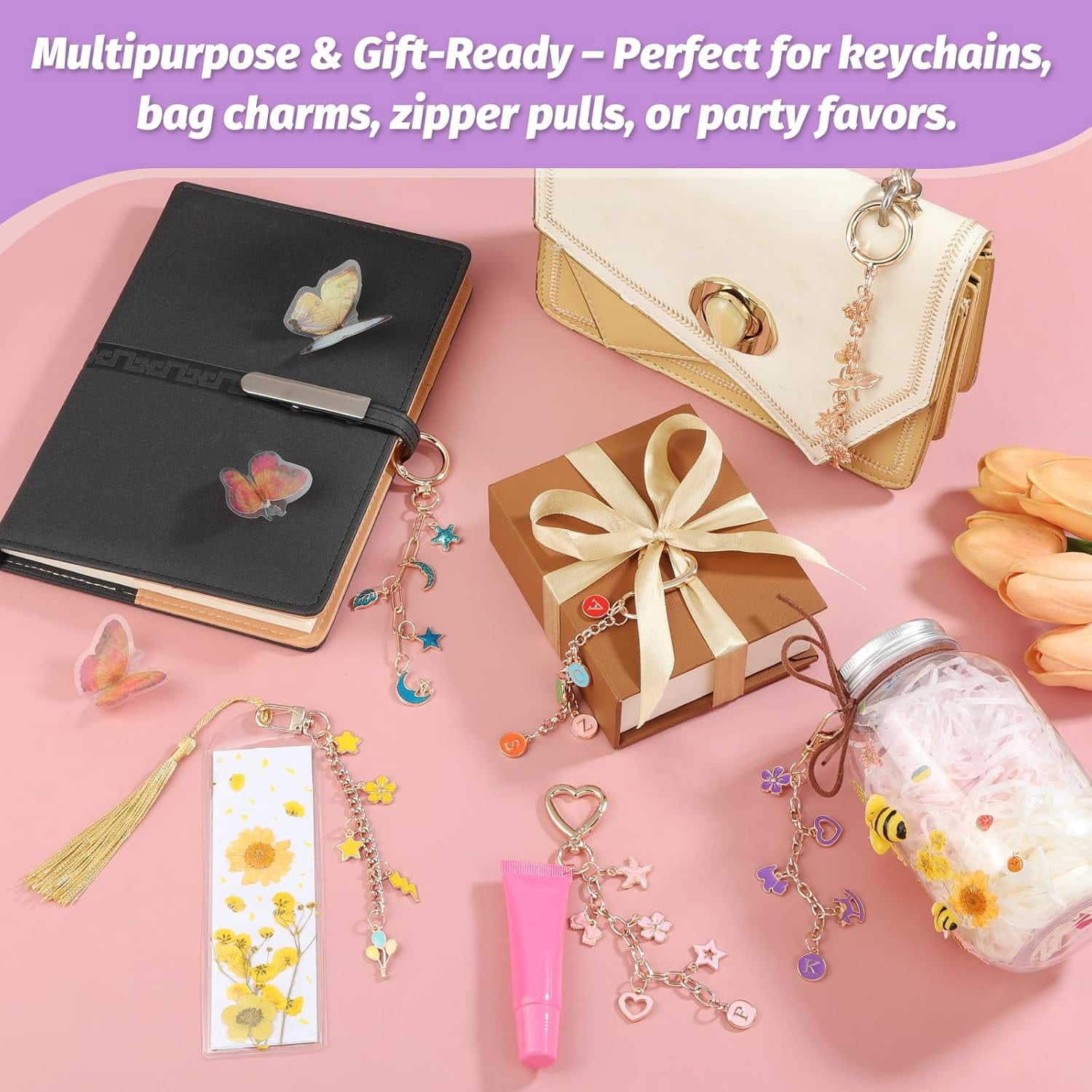404Pcs Charms Lip Gloss Keychain Making Kit, DIY Craft Supplies with Charms, Key Chain Hooks, Jump Rings, Lobster Clasps, Chains & Tools, Jewelry Making Kit for Custom Keychains, Bags, Gifts