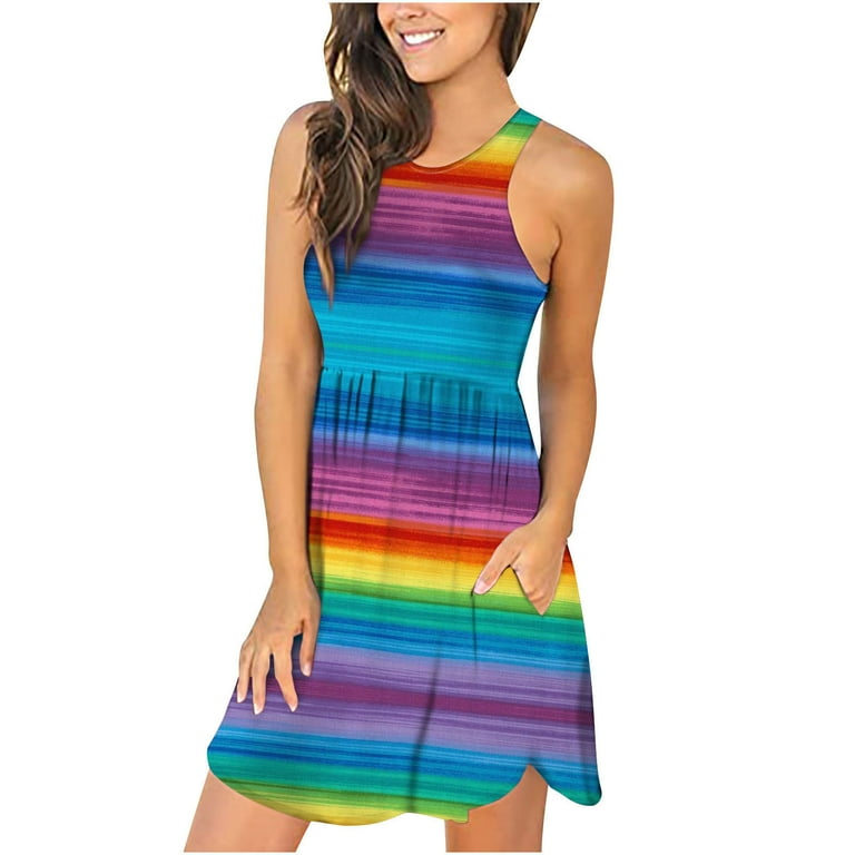 Zodggu Rollbacks Mini Dresses for Women Colorful Stripe Print Slim Fit Casual Sleeveless Pleated Swing Fashion Ladies Summer Beach Dress Tunic