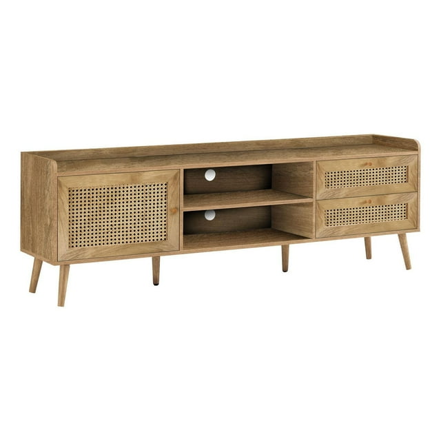 Monarch Specialties TV Stand, 72 inch walnut laminate console with solid wood legs, featuring a left storage cabinet with rattan panel door, two drawers with rattan panels and wooden knobs on the right, and a fixed open shelf with two wire management holes for media organization, suitable for living room or bedroom use.